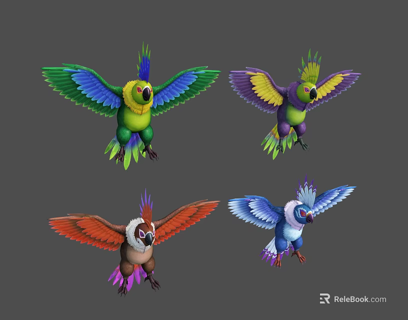 Vibrant Colorful Parrots Flying With Green Yellow Red And Blue Feathers 3d model 