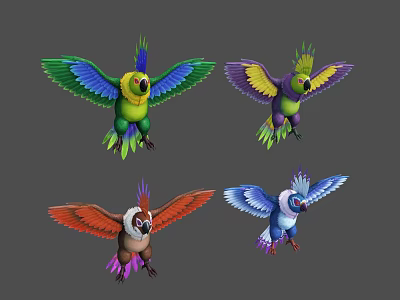 Vibrant Colorful Parrots Flying With Green Yellow Red And Blue Feathers 3d model