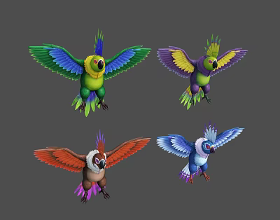 Vibrant Colorful Parrots Flying With Green Yellow Red And Blue Feathers 3d model