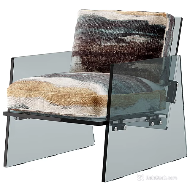Modern Single Sofa with Transparent Frame and Colorful Textured Fabric Cushion 3d model 