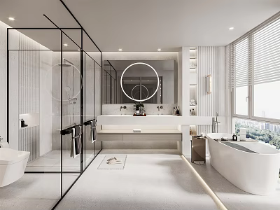 Modern Bathroom Interior Design With Glass Shower Round Mirror And Freestanding Bathtub 3d model