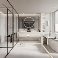 Modern Bathroom Interior Design With Glass Shower Round Mirror And Freestanding Bathtub