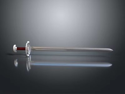 Long Blade Sword With Red And Silver Hilt On Black Smooth Surface With Reflection 3d model
