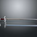 Long Blade Sword With Red And Silver Hilt On Black Smooth Surface With Reflection