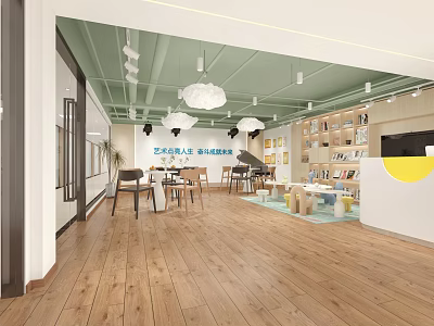 School Art Classroom with Green Ceiling Chandeliers Bookshelves Piano and Wooden Flooring 3d model