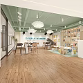 School Art Classroom with Green Ceiling Chandeliers Bookshelves Piano and Wooden Flooring