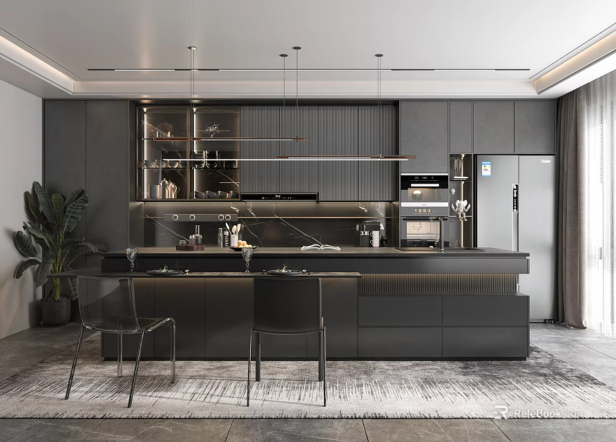 Modern Kitchen Interior Design With Dark Cabinets Island Counter Pendant Lights And Appliances 3d model 