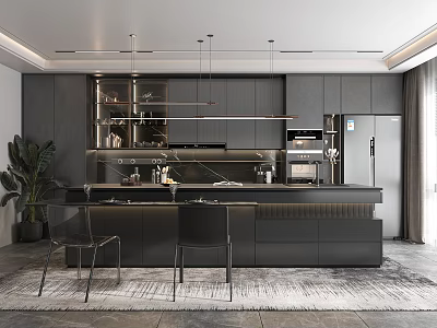 Modern Kitchen Interior Design With Dark Cabinets Island Counter Pendant Lights And Appliances 3d model