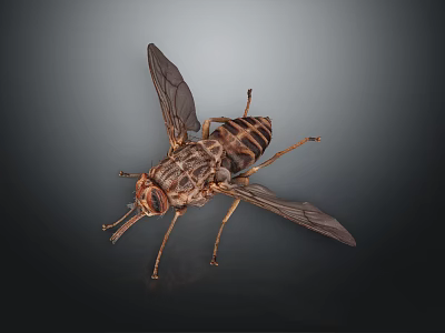 Detailed Close Up View Of House Fly With Transparent Wings And Striped Body 3d model