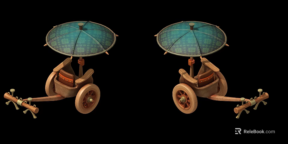 Two Wooden Carriages With Green Umbrella Shaped Canopies Brown Wheels And Seats On Black Background 3d model 