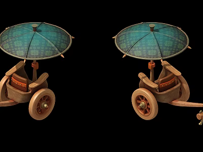 Two Wooden Carriages With Green Umbrella Shaped Canopies Brown Wheels And Seats On Black Background 3d model