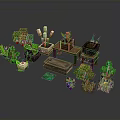 Pixel Art Scene Components Featuring Green Plants Tables Boxes And Decorative Elements