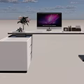 Modern Office Desk With Computer Monitor Flower Vase And Drawer Cabinet Design