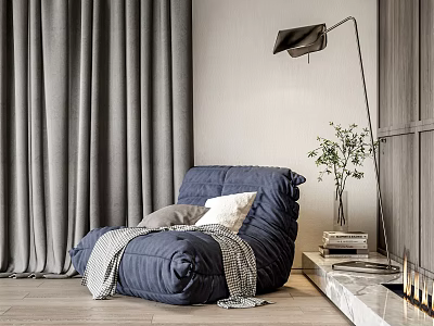 Blue Lazy Sofa with Gray White Pillows Floor Lamp Vase Plant Modern Minimalist Wooden Floor 3d model