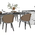 Modern Dining Table Set with Brown Chairs Marble Countertop and Greenery Vase 3d model