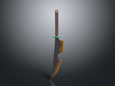 Long Curved Knife With Brown Wooden Handle And Green Ring Design 3d model