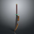 Long Curved Knife With Brown Wooden Handle And Green Ring Design