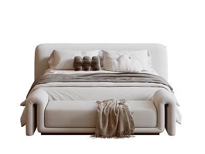 Modern Upholstered Double Bed Frame With Pillows Bench And Throw Blanket 3d model