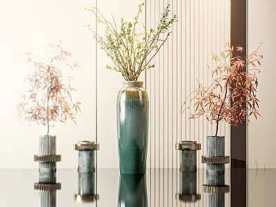 Elegant Green Ceramic Vase with Fresh Flowers and Small Metallic Vases on Shiny Table 3d model
