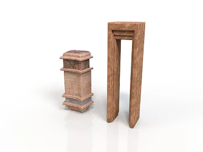 Architectural Layered Stone Pillar And Wooden Door Frame With Textured Details 3d model
