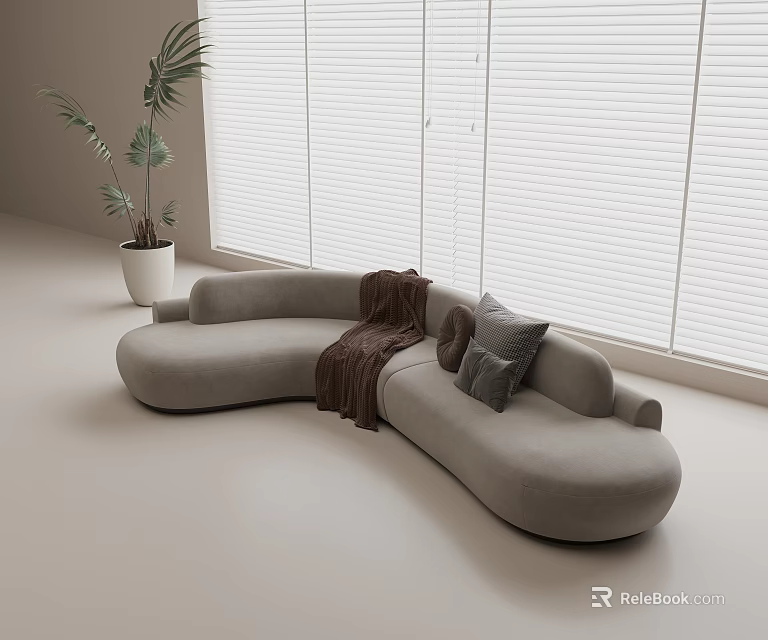 Light Gray Curved Sofa with Brown Blanket Gray Pillows in Modern Room with White Blinds 3d model 