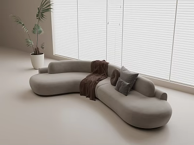 Light Gray Curved Sofa with Brown Blanket Gray Pillows in Modern Room with White Blinds 3d model