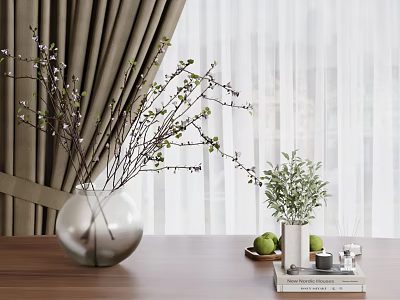 Silver Spherical Vase With Small Flower Branches And Green Plants On Wooden Table 3d model