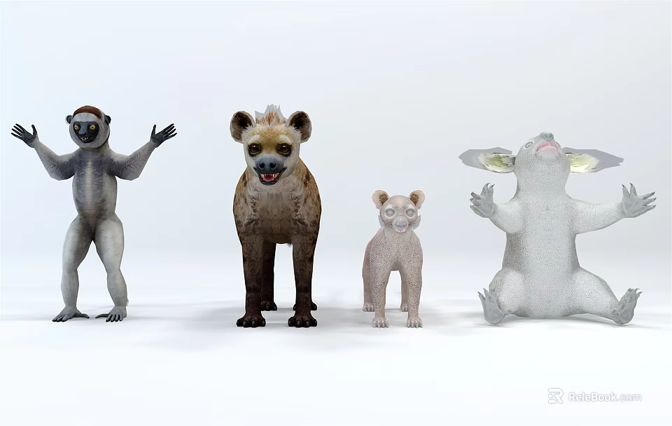 Reptile Themed Figurine Collection Featuring Lemur Hyena Lion Cub And Opossum Models 3d model 