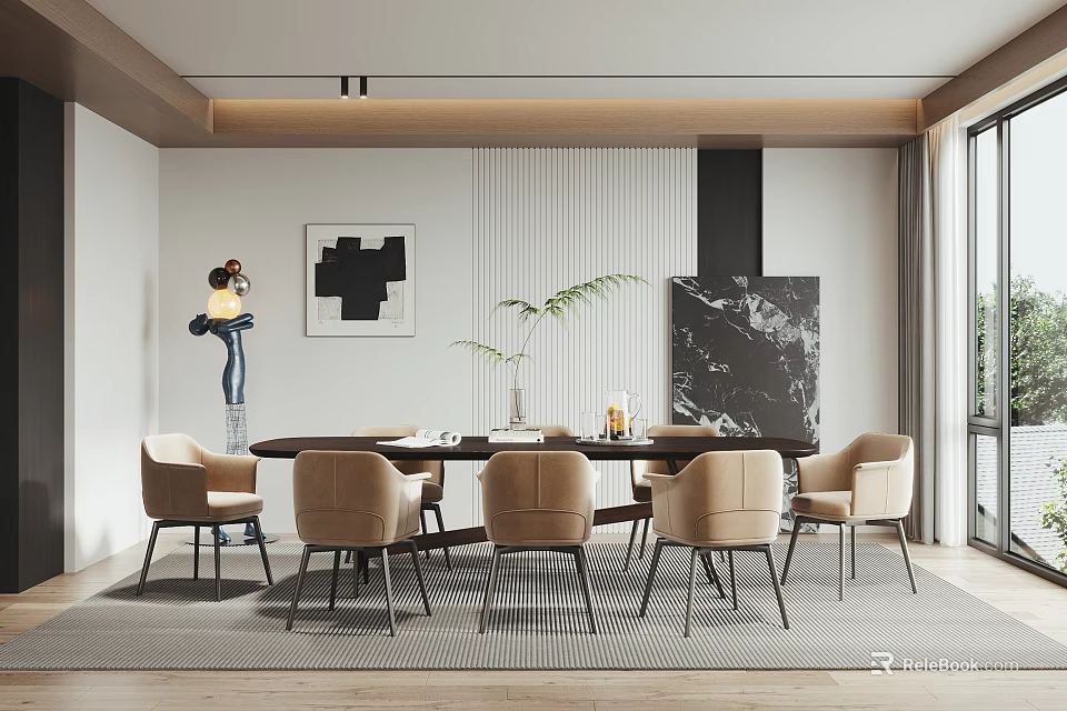 Modern Restaurant Interior With Beige Chairs Dining Table Wall Artwork And Green Plant 3d model 