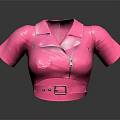 Pink Leather Short Sleeve Cropped Top With Collar Zipper And Belt