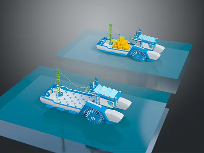 Blue And White Toy Boat Models With Tower Structures And Yellow Parts On Blue Platforms 3d model