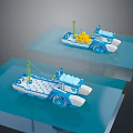 Blue And White Toy Boat Models With Tower Structures And Yellow Parts On Blue Platforms
