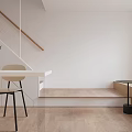 Modern Apartment Interior With Staircase White Door Wooden Floor Bench And Hanging Lamp