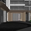 Modern Residential Building Entrance With Glass Door Metal Frame Marble Wall And Balcony Railings