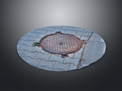 Circular Manhole Cover on Gray Brick Pavement With Grid Design and Small Green Plant 3d model
