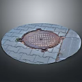 Circular Manhole Cover on Gray Brick Pavement With Grid Design and Small Green Plant