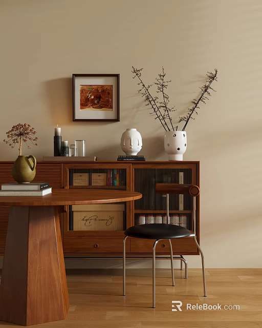 Cozy Study Room With Wooden Desk Bookshelf Decorative Vases And Wall Art 3d model 