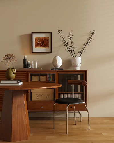 Cozy Study Room With Wooden Desk Bookshelf Decorative Vases And Wall Art 3d model