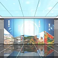Modern Lobby With Digital Ceiling Elevators Large Urban Mural Pedestrians And Polished Floor