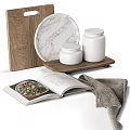Elegant Decorative Ornament Set With Wooden Tray Marble Plate White Jars Open Book And Linen Cloth