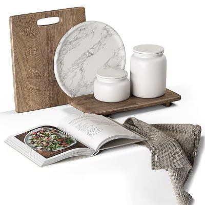 Elegant Decorative Ornament Set With Wooden Tray Marble Plate White Jars Open Book And Linen Cloth 3d model