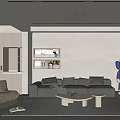Modern Living Room Interior With Gray L shaped Sofa Bean Bag Chair And Wall Shelves