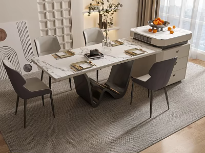 Modern Dining Table Set With Marble Top Gray Chairs Fruit Bowl And Vase 3d model