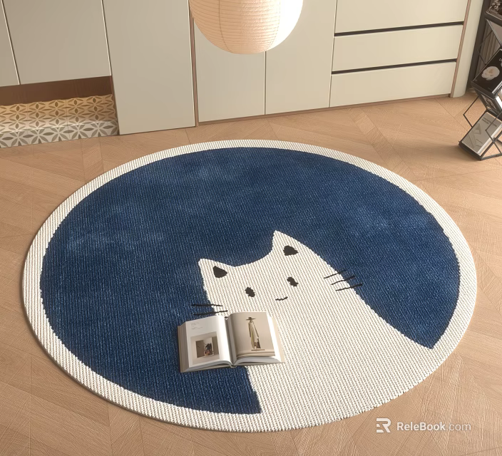 Round Rug Featuring Cute White Cat Pattern Blue Background White Border with Open Book 3d model 