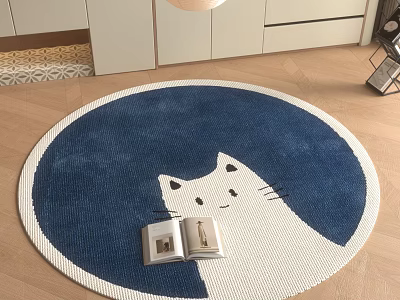 Round Rug Featuring Cute White Cat Pattern Blue Background White Border with Open Book 3d model