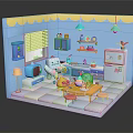 Cute Cartoon Themed Indoor Scene With Blue Walls Yellow Decor And Stuffed Toys