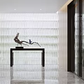 Modern Elevator Hallway With Wooden Panels Reflective Marble Floor Ceiling Lights And Sculpture On Console Table