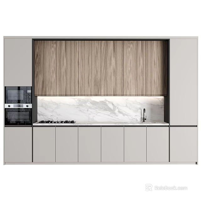 Modern Kitchen With Wooden And Light Gray Cabinets Marble Countertop Built-in Appliances 3d model 