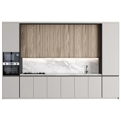 Modern Kitchen With Wooden And Light Gray Cabinets Marble Countertop Built-in Appliances 3d model