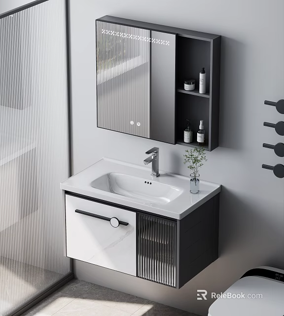 Modern Bathroom Vanity With White Countertop Mirror Cabinet And Small Plant 3d model 